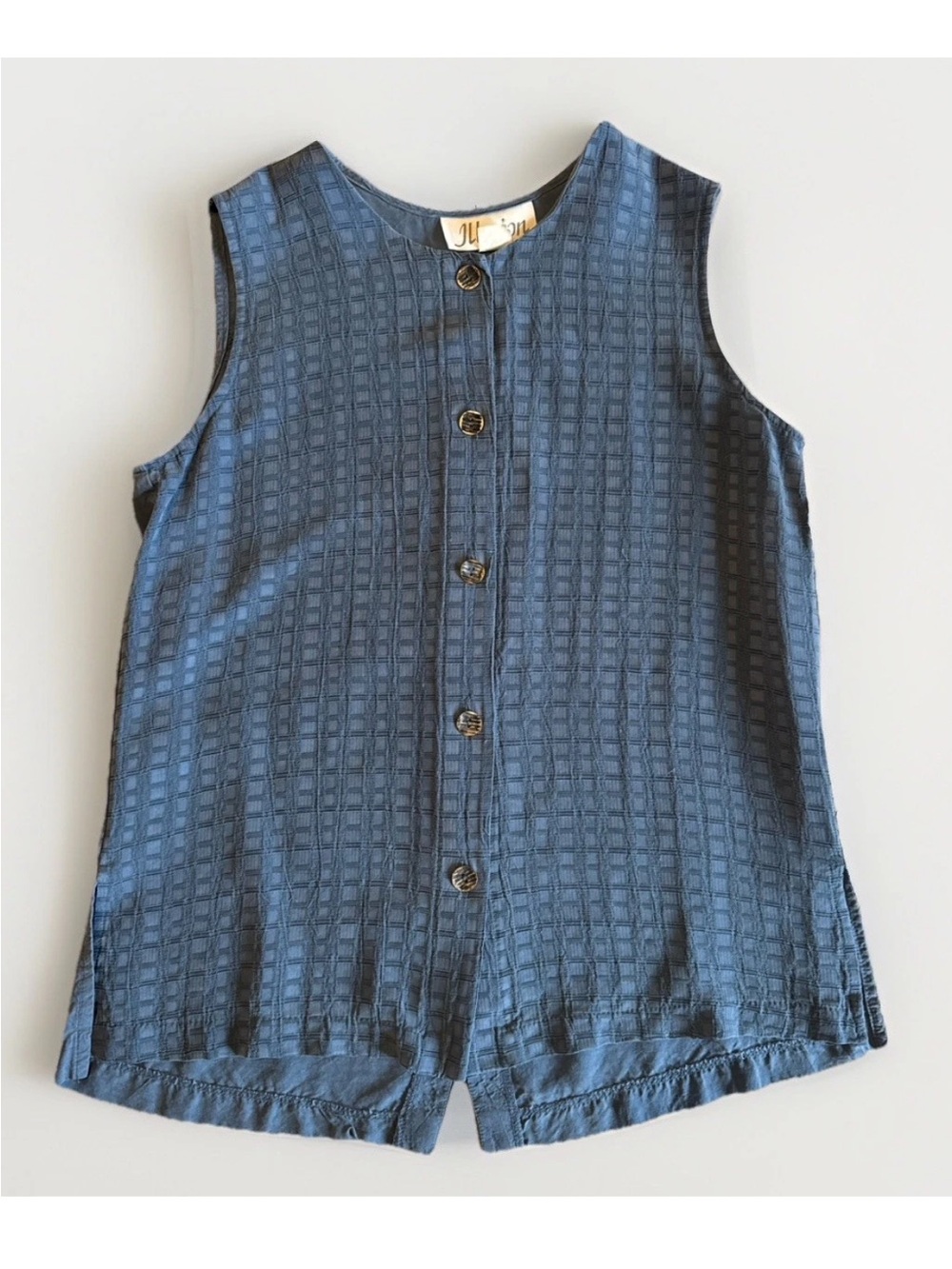 Vintage Illusion Bemberg Rayon Vest Top Blue Grid Button Back Made‎ in USA M